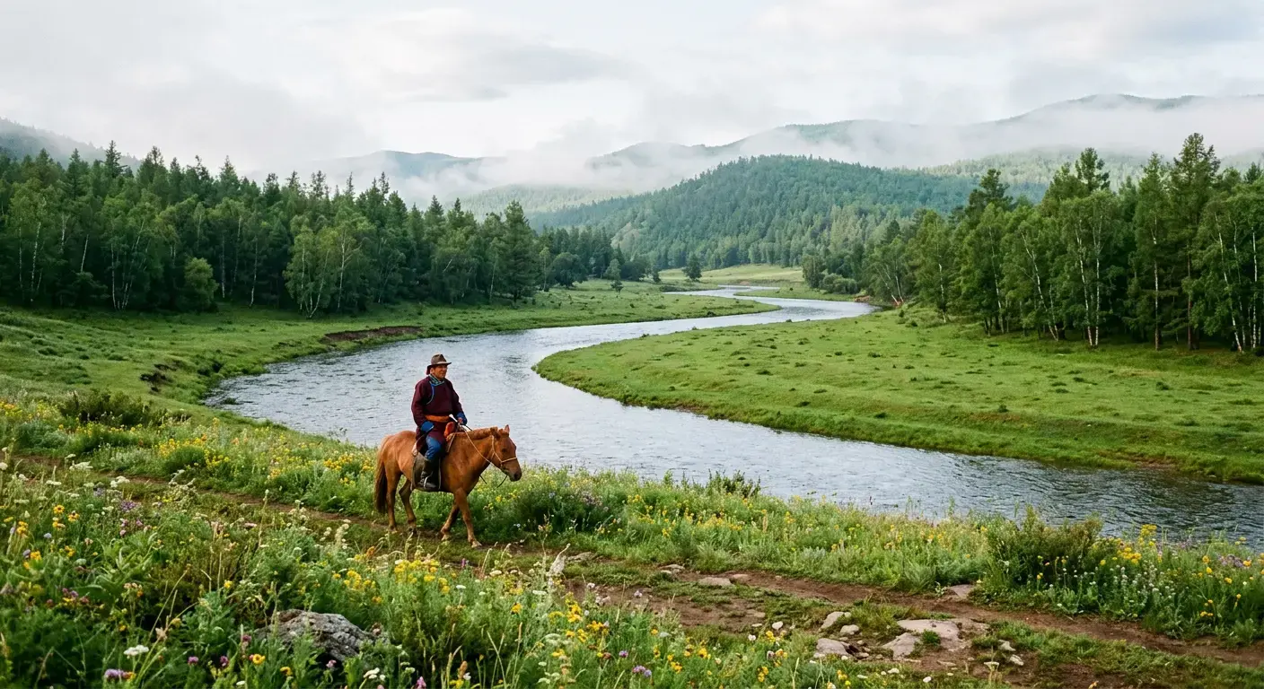Онон голын хөндийгөөр морь унаж яваа малчин